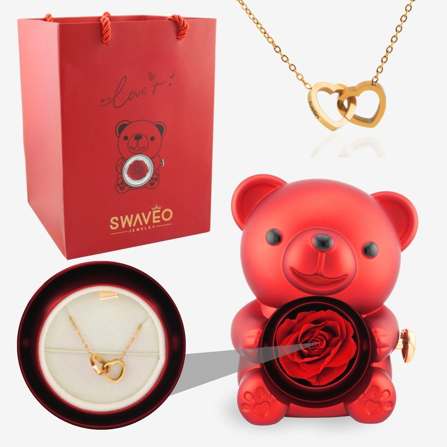 Forever Rose Bear W/ Engraved Necklace - Swaveo Jewelry
