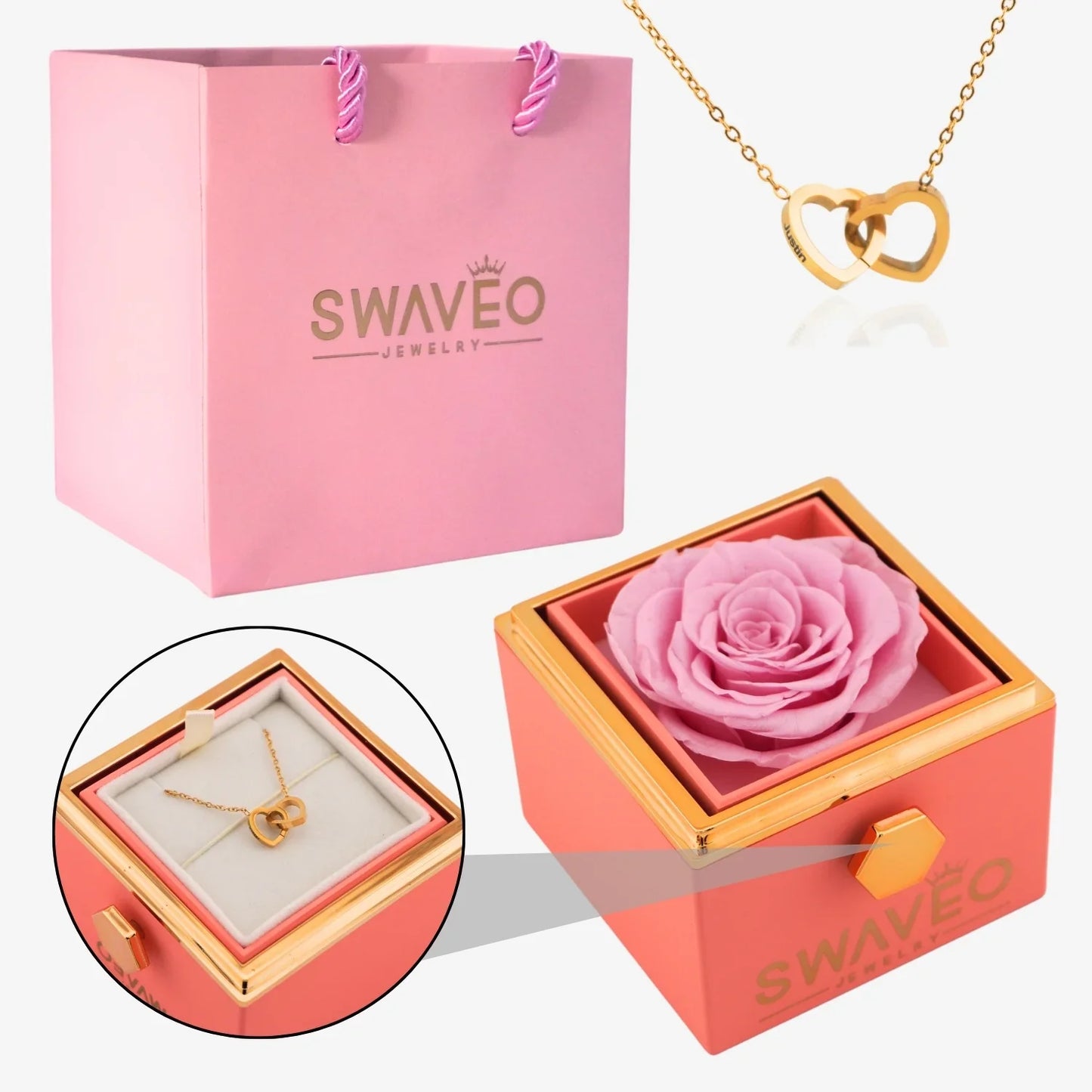 Rotating Forever Rose Box - W/ Engraved Necklace - Swaveo Jewelry