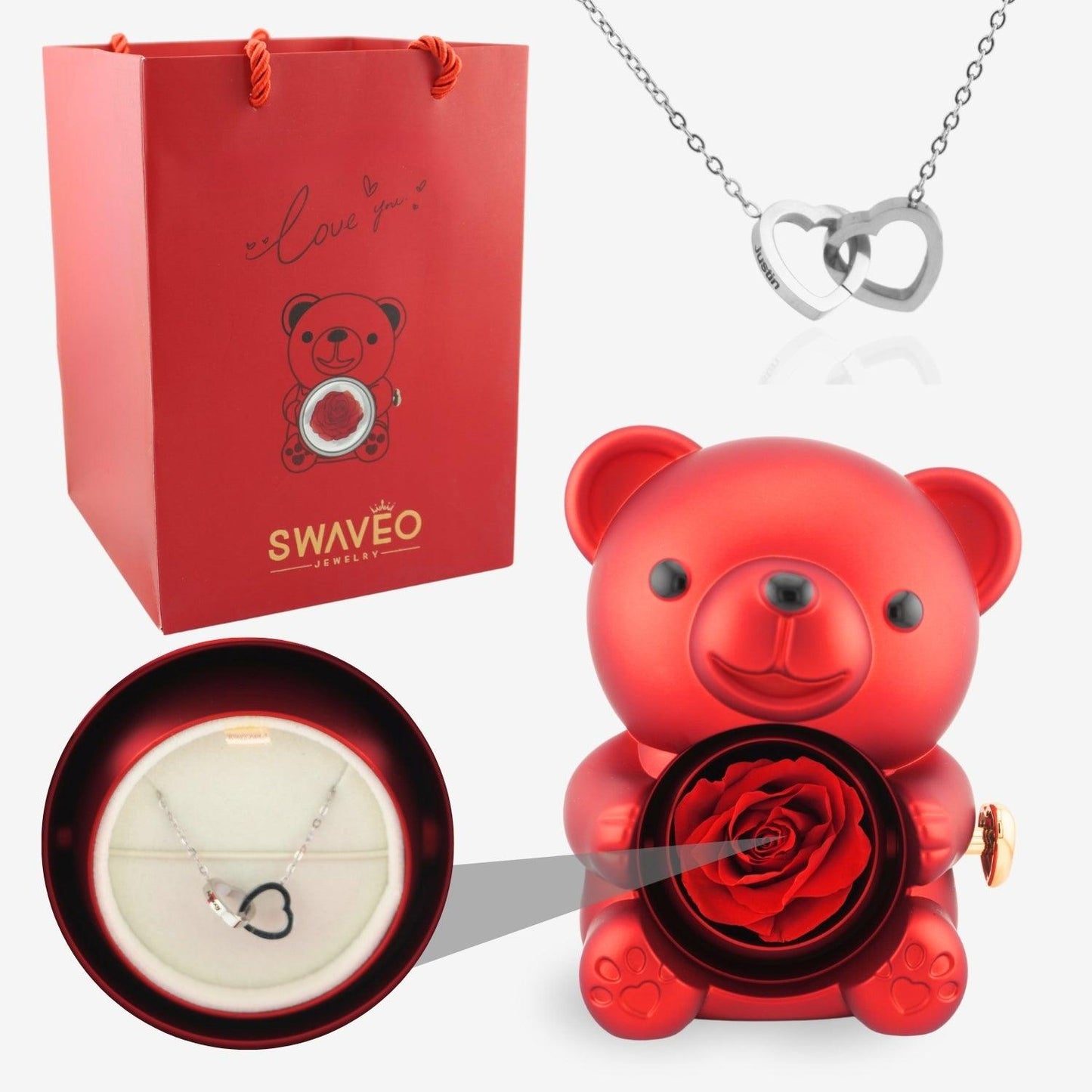 Forever Rose Bear W/ Engraved Necklace - Swaveo Jewelry