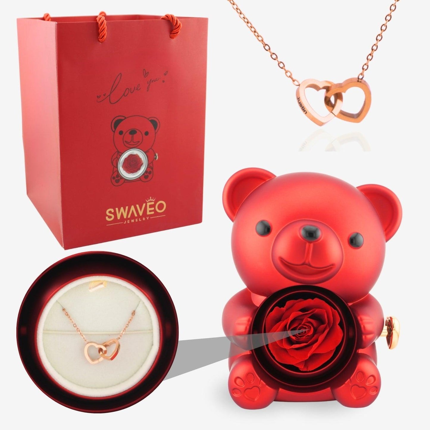 Forever Rose Bear W/ Engraved Necklace - Swaveo Jewelry