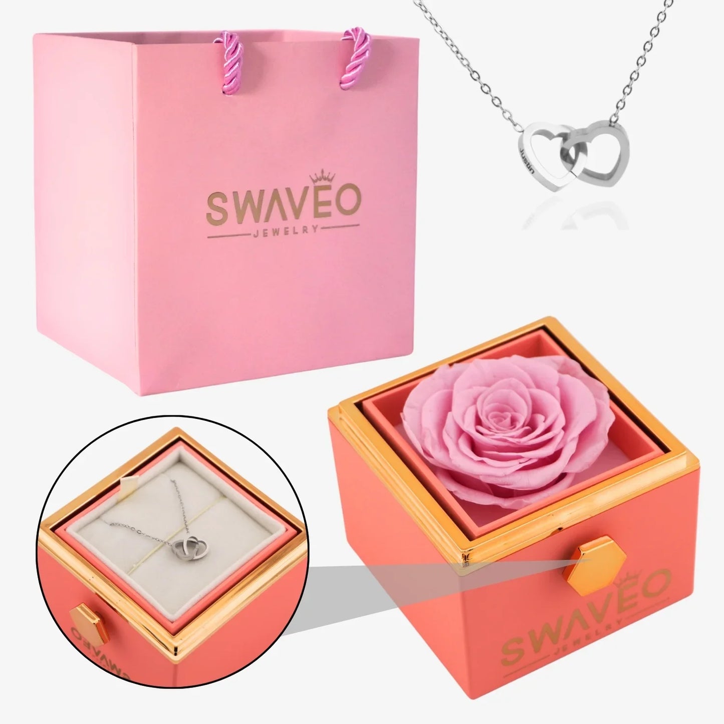 Rotating Forever Rose Box - W/ Engraved Necklace - Swaveo Jewelry