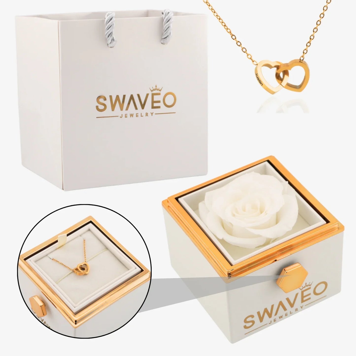 Rotating Forever Rose Box - W/ Engraved Necklace - Swaveo Jewelry