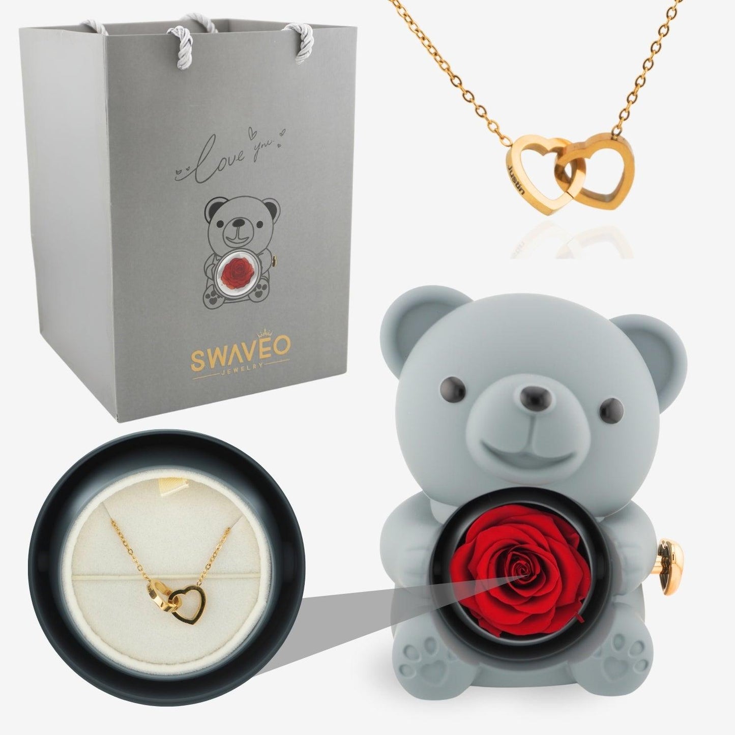 Forever Rose Bear W/ Engraved Necklace - Swaveo Jewelry