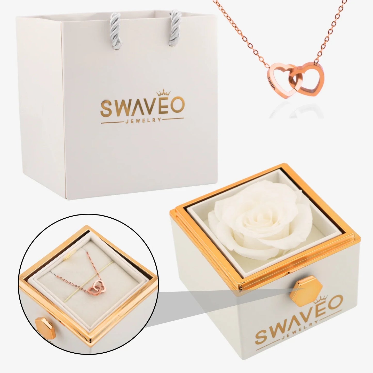 Rotating Forever Rose Box - W/ Engraved Necklace - Swaveo Jewelry