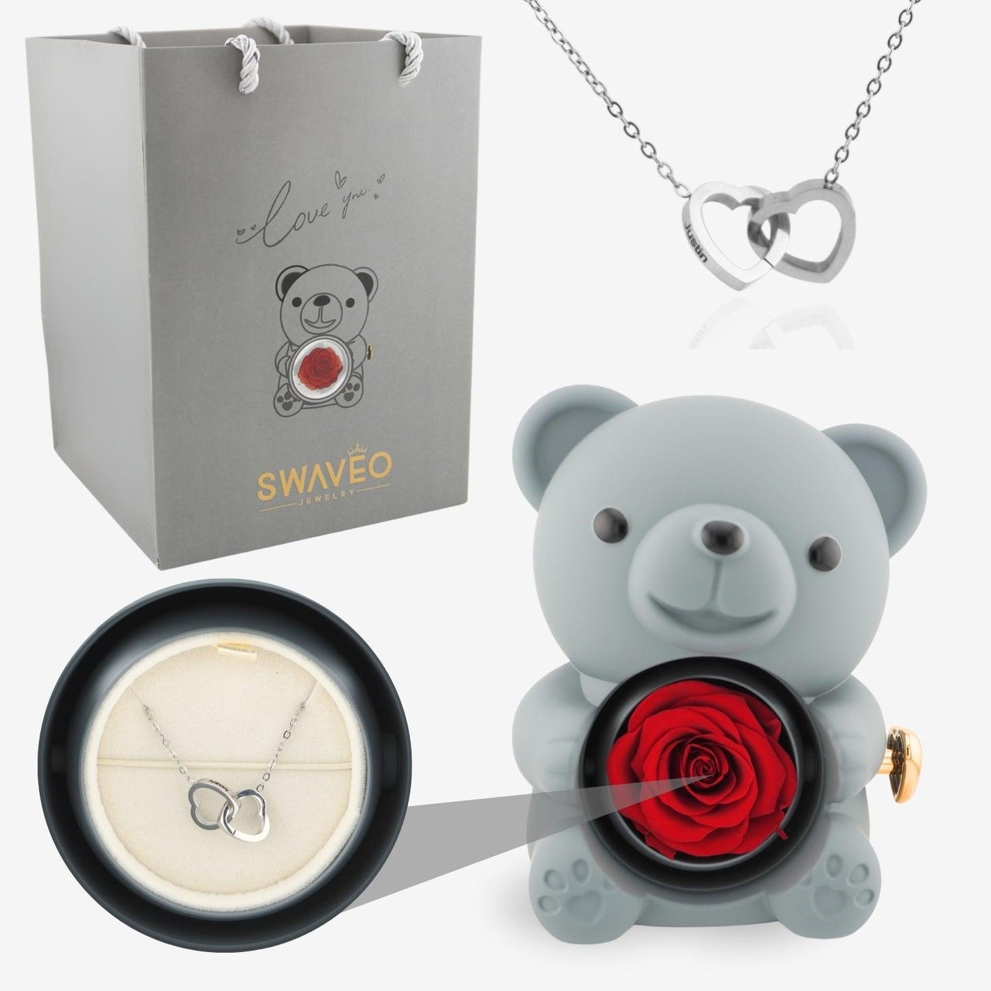 Forever Rose Bear W/ Engraved Necklace - Swaveo Jewelry