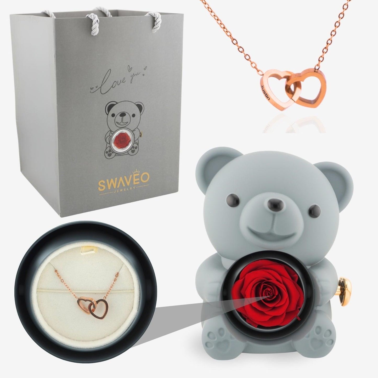 Forever Rose Bear W/ Engraved Necklace - Swaveo Jewelry