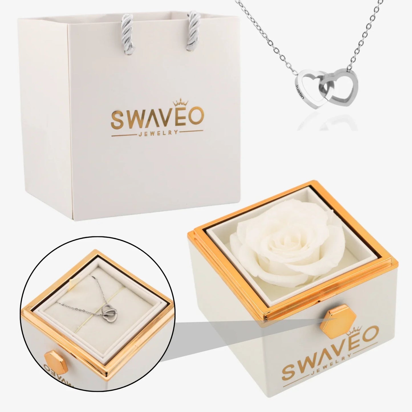 Rotating Forever Rose Box - W/ Engraved Necklace - Swaveo Jewelry