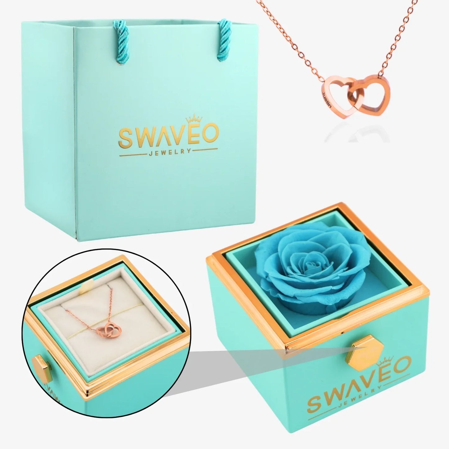 Rotating Forever Rose Box - W/ Engraved Necklace - Swaveo Jewelry
