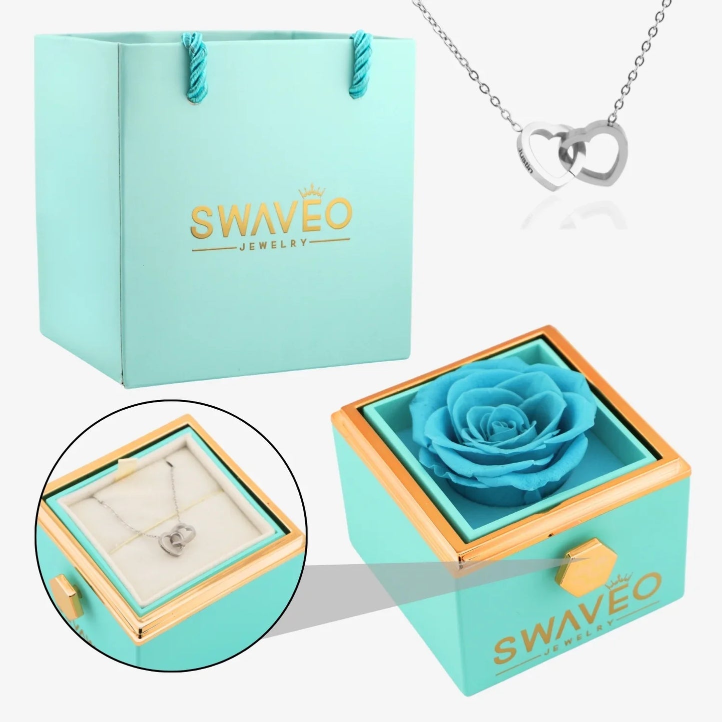 Rotating Forever Rose Box - W/ Engraved Necklace - Swaveo Jewelry