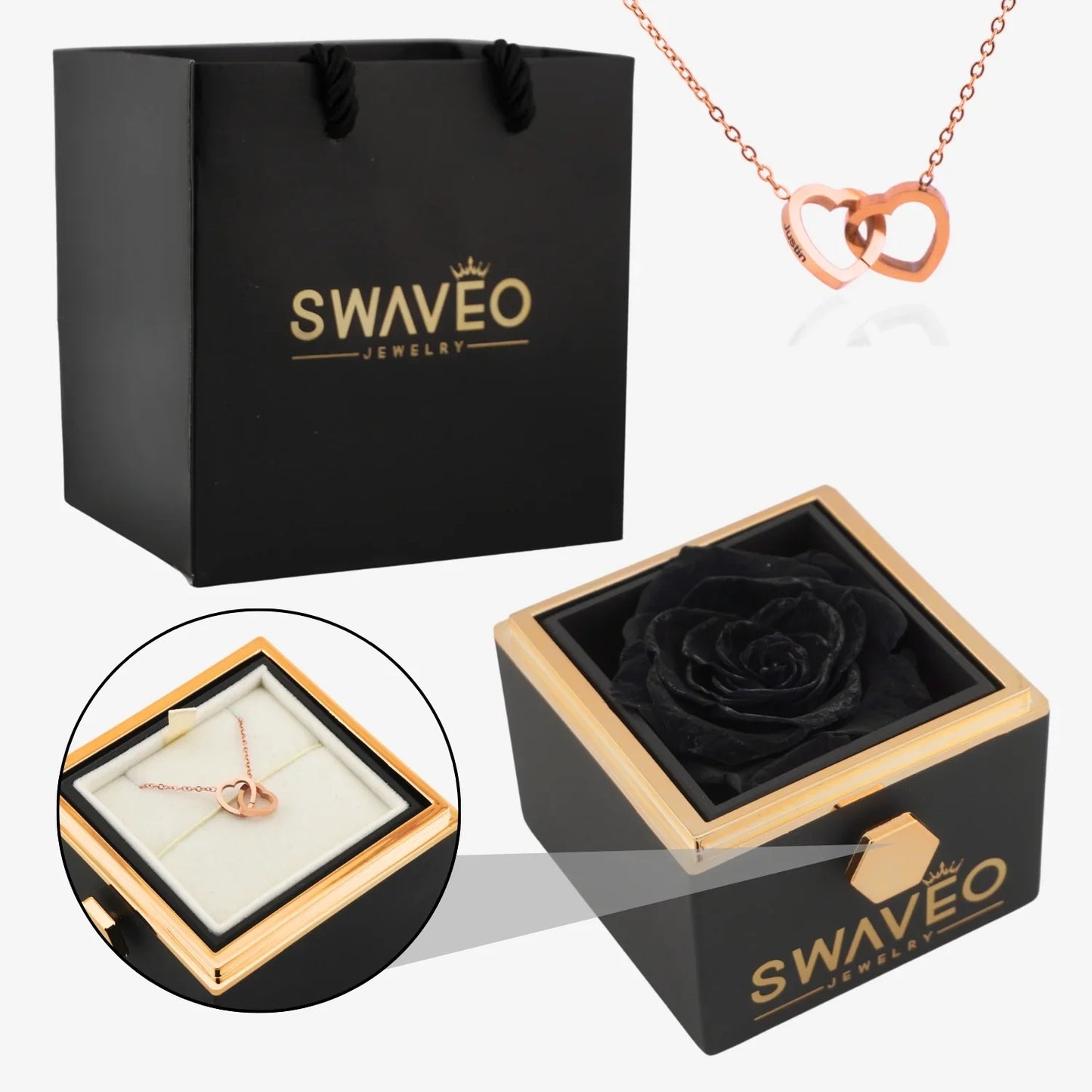 Rotating Forever Rose Box - W/ Engraved Necklace - Swaveo Jewelry