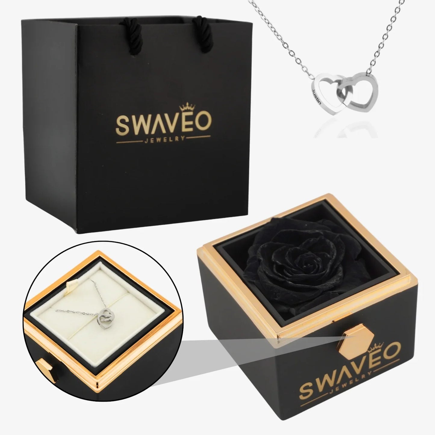Rotating Forever Rose Box - W/ Engraved Necklace - Swaveo Jewelry