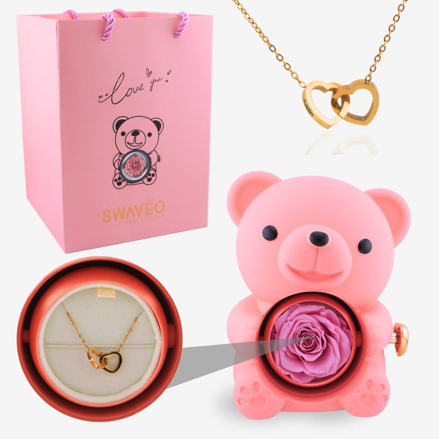 Forever Rose Bear W/ Engraved Necklace - Swaveo Jewelry