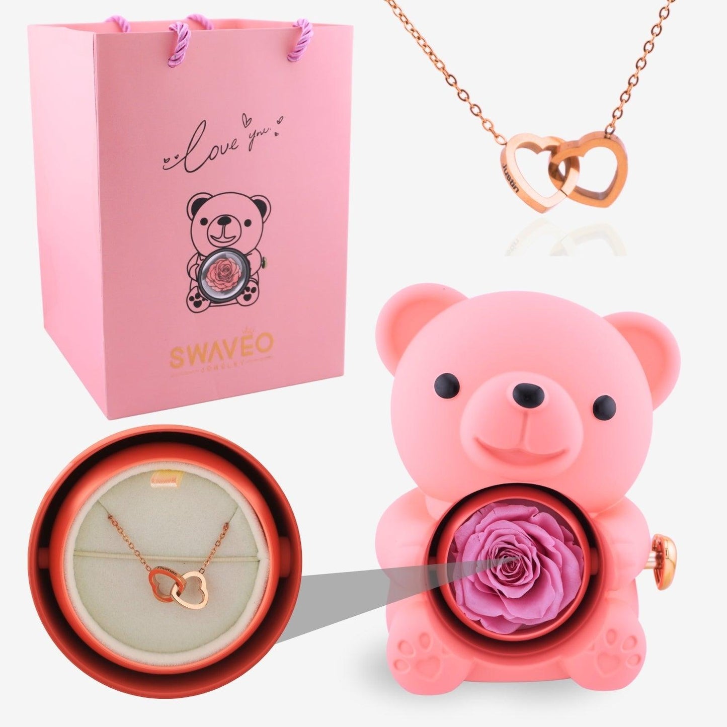Forever Rose Bear W/ Engraved Necklace - Swaveo Jewelry