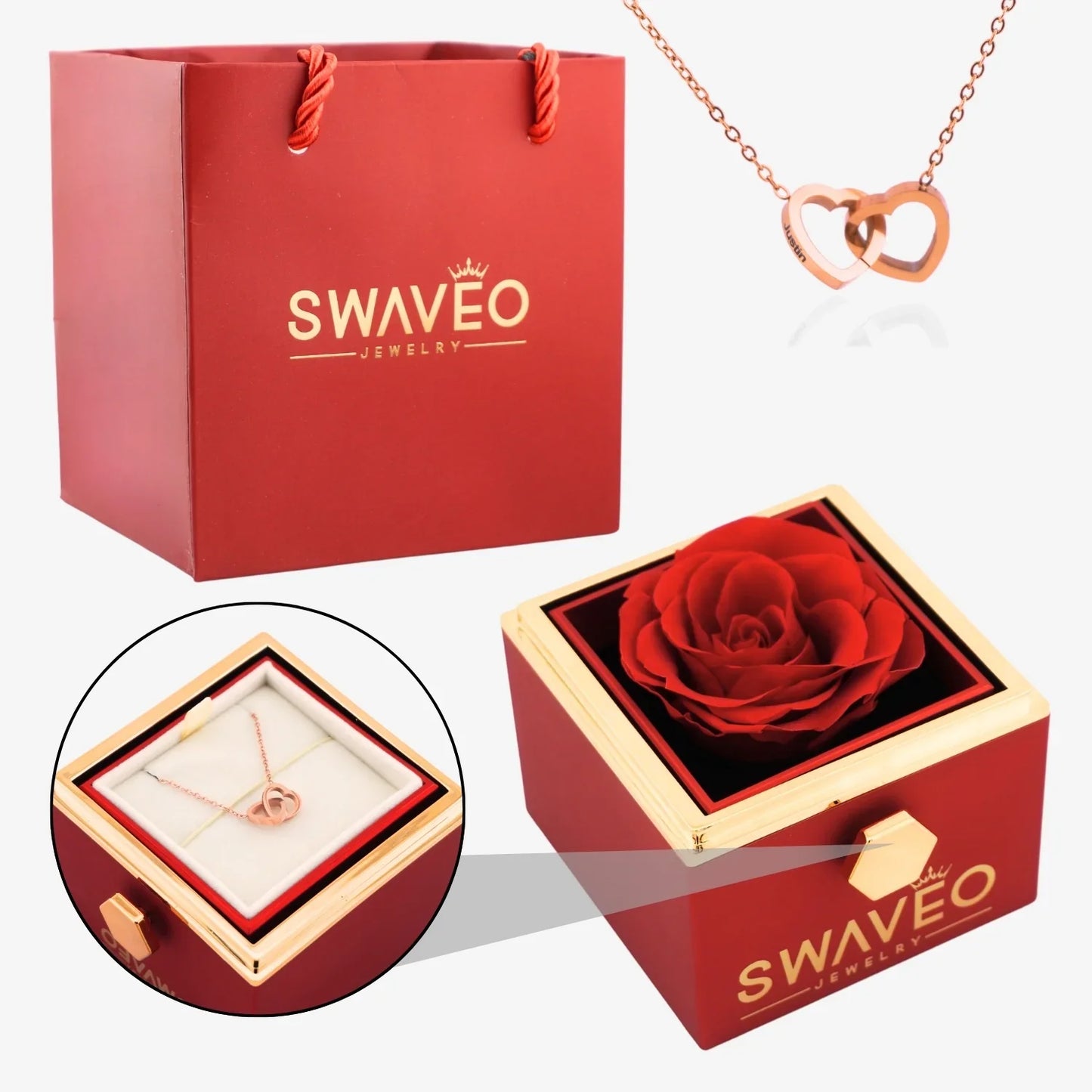 Rotating Forever Rose Box - W/ Engraved Necklace - Swaveo Jewelry