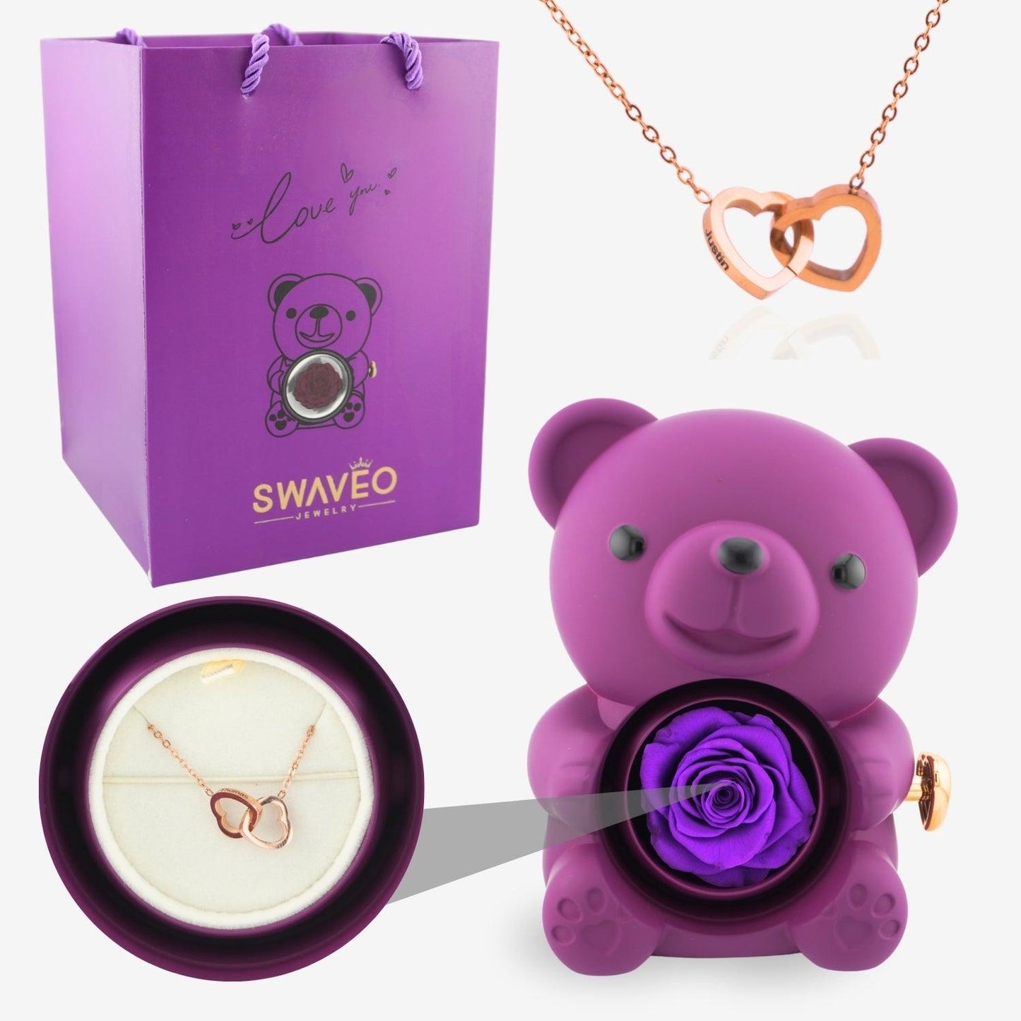Forever Rose Bear W/ Engraved Necklace - Swaveo Jewelry