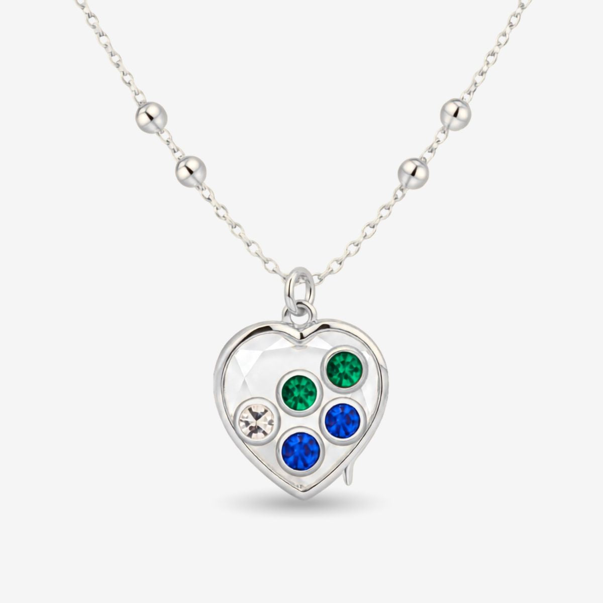 Silver necklace with a heart-shaped pendant featuring multiple colorful birthstones on a beaded silver chain.