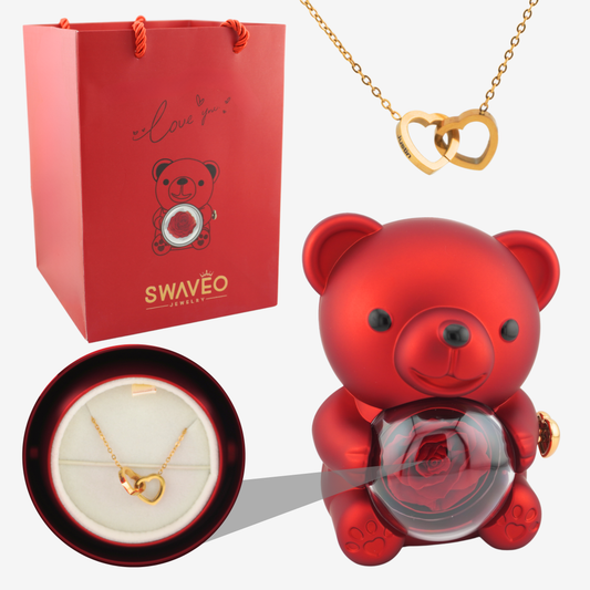 Rose Bear W/ Forever Rose & Heart Necklace - Swaveo Jewelry