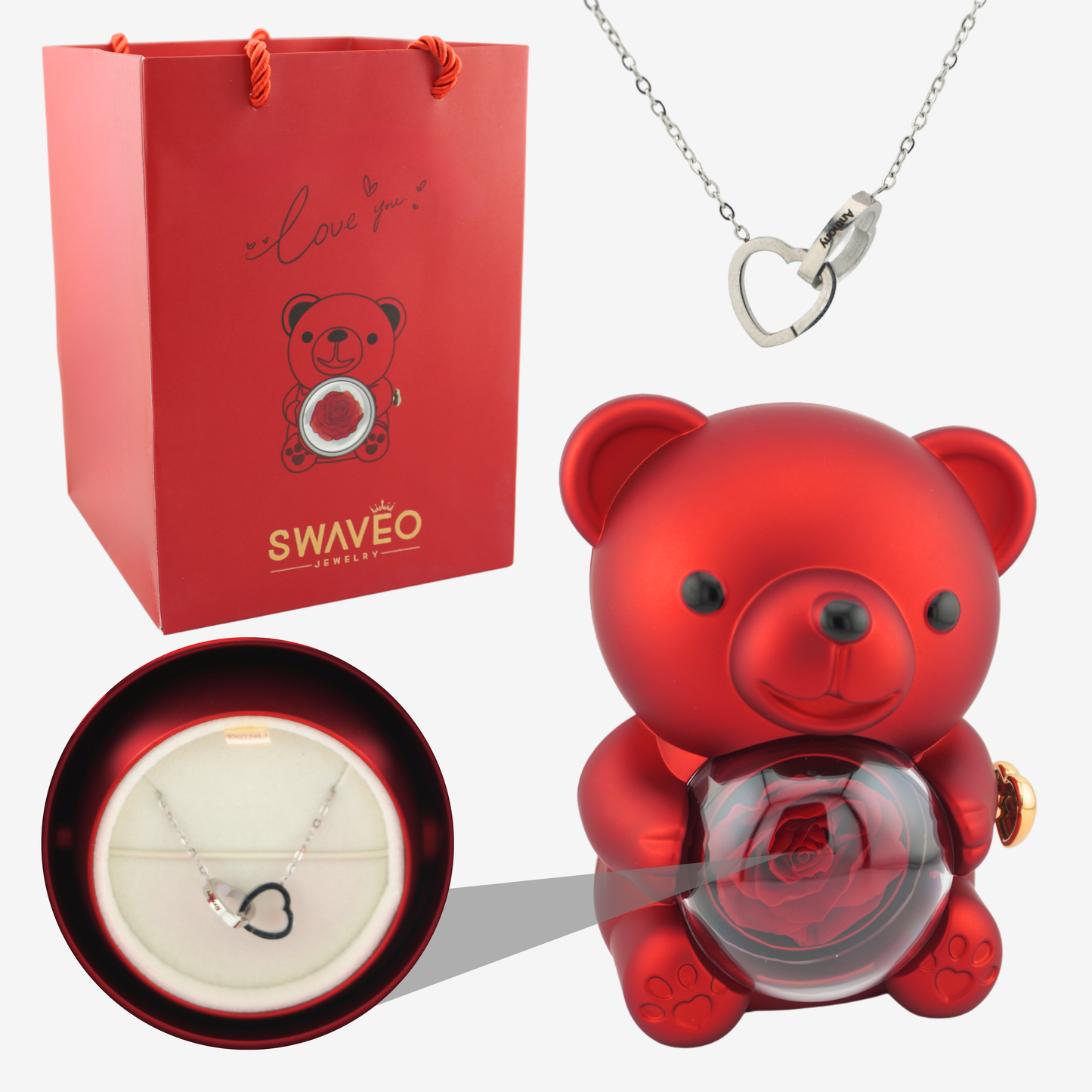 Rose Bear W/ Forever Rose & Heart Necklace - Swaveo Jewelry