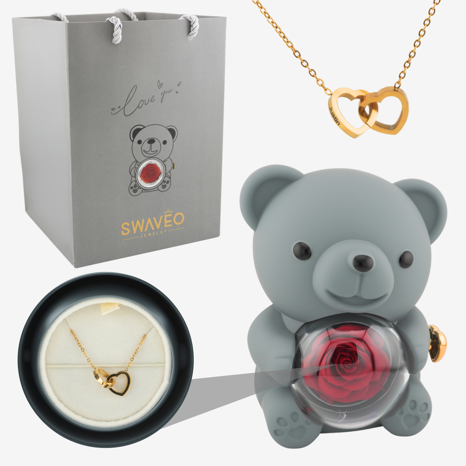 Rose Bear W/ Forever Rose & Heart Necklace - Swaveo Jewelry