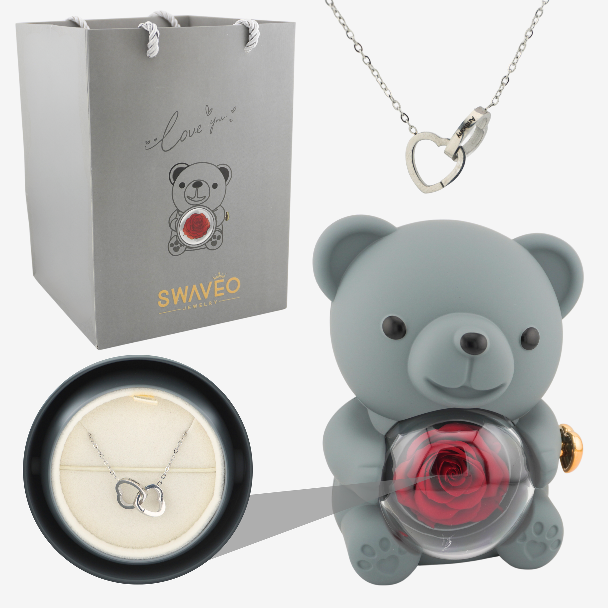 Rose Bear W/ Forever Rose & Heart Necklace - Swaveo Jewelry