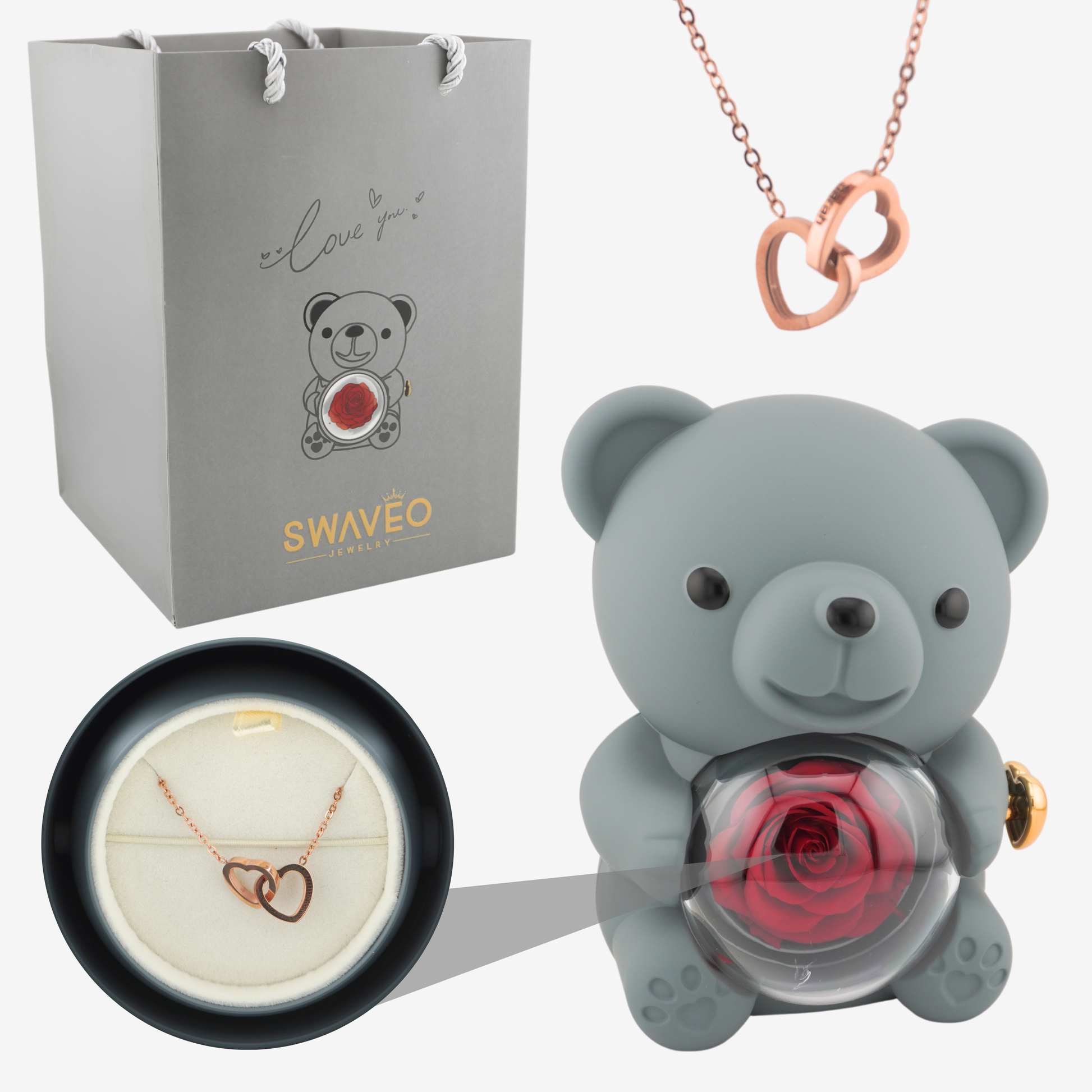 Rose Bear W/ Forever Rose & Heart Necklace - Swaveo Jewelry