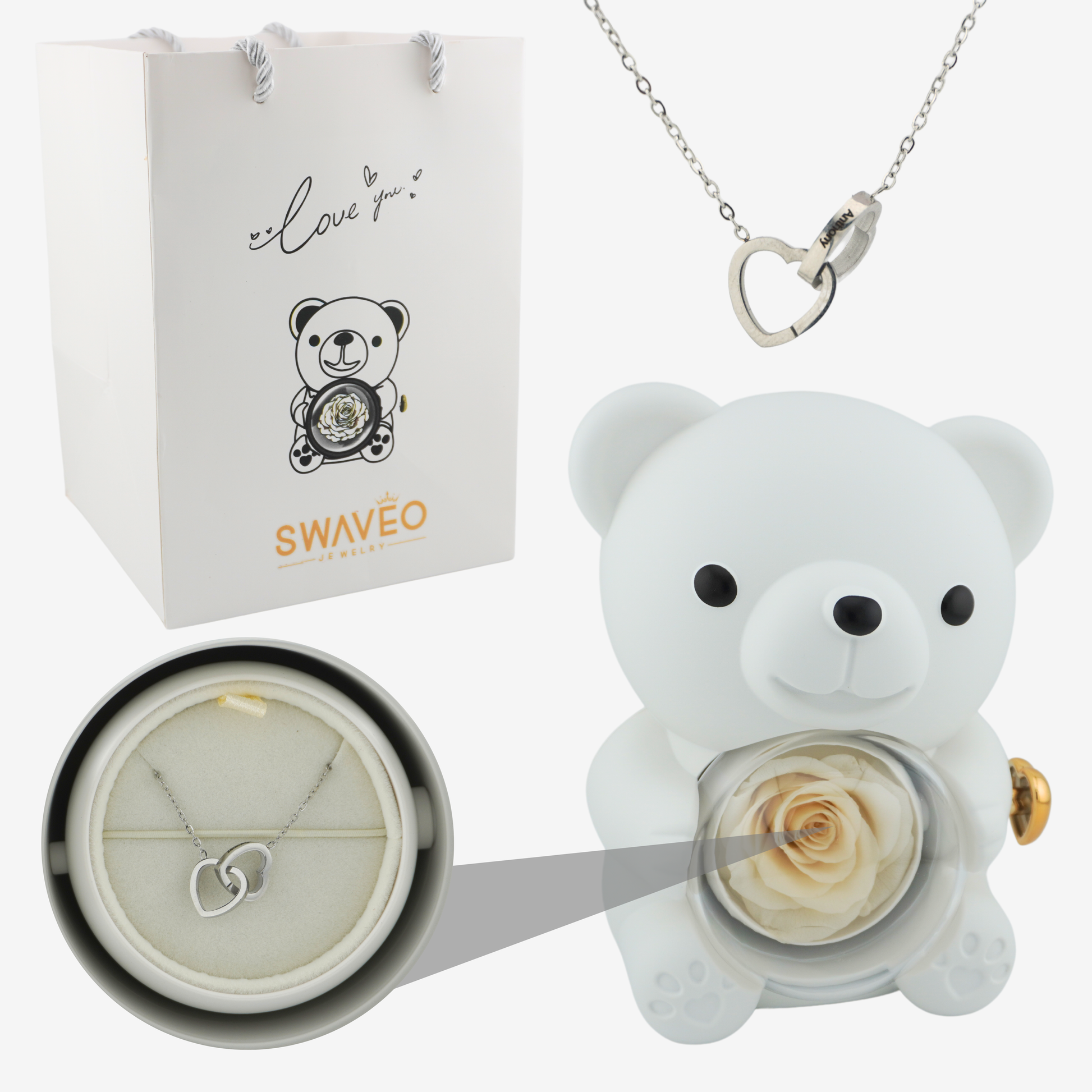 Rose Bear W/ Forever Rose & Heart Necklace - Swaveo Jewelry