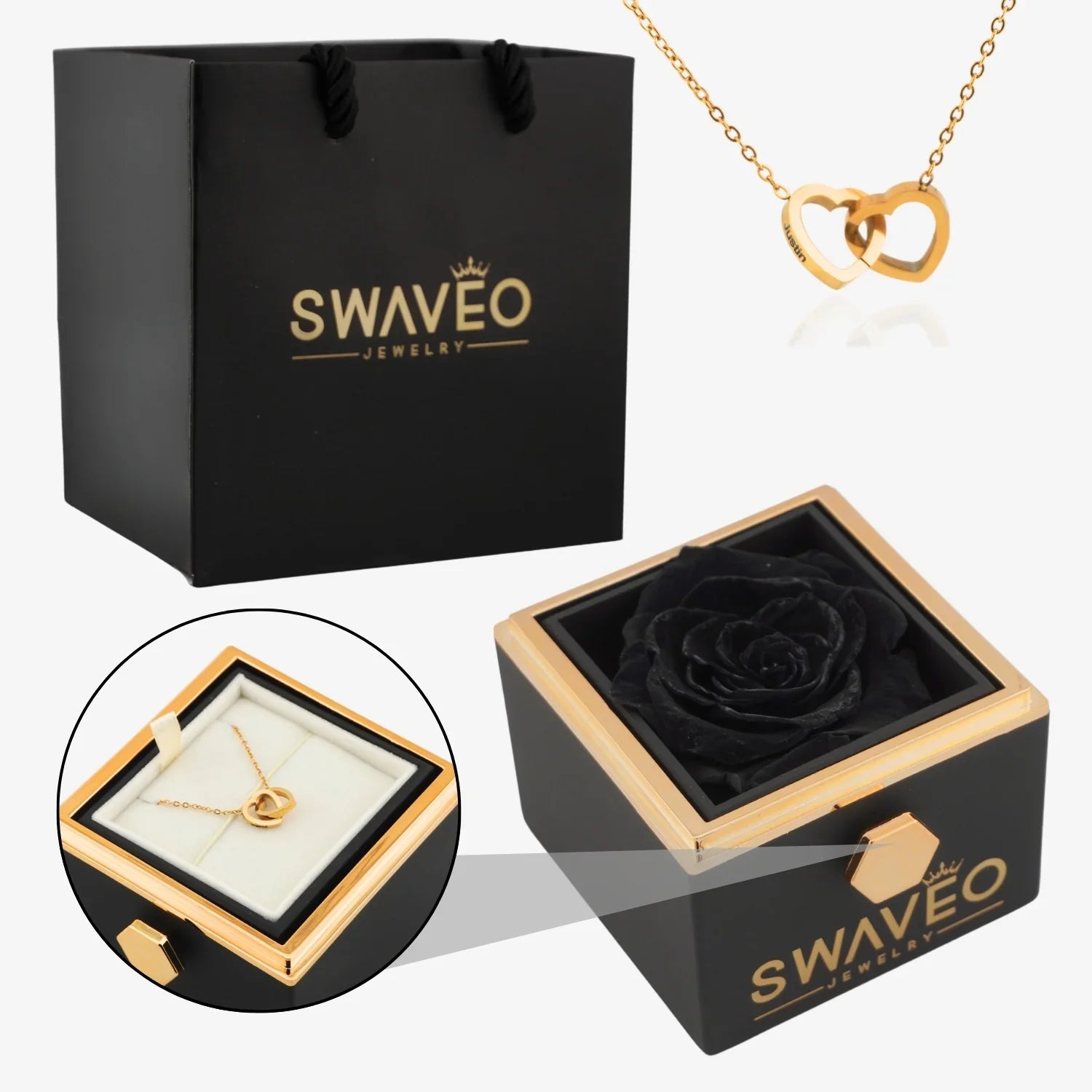 Rotating Forever Rose Box - W/ Engraved Necklace - Swaveo Jewelry