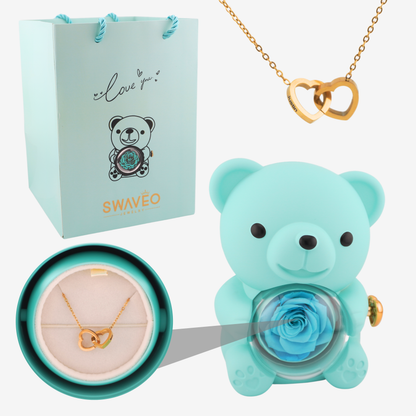 Rose Bear W/ Forever Rose & Heart Necklace - Swaveo Jewelry