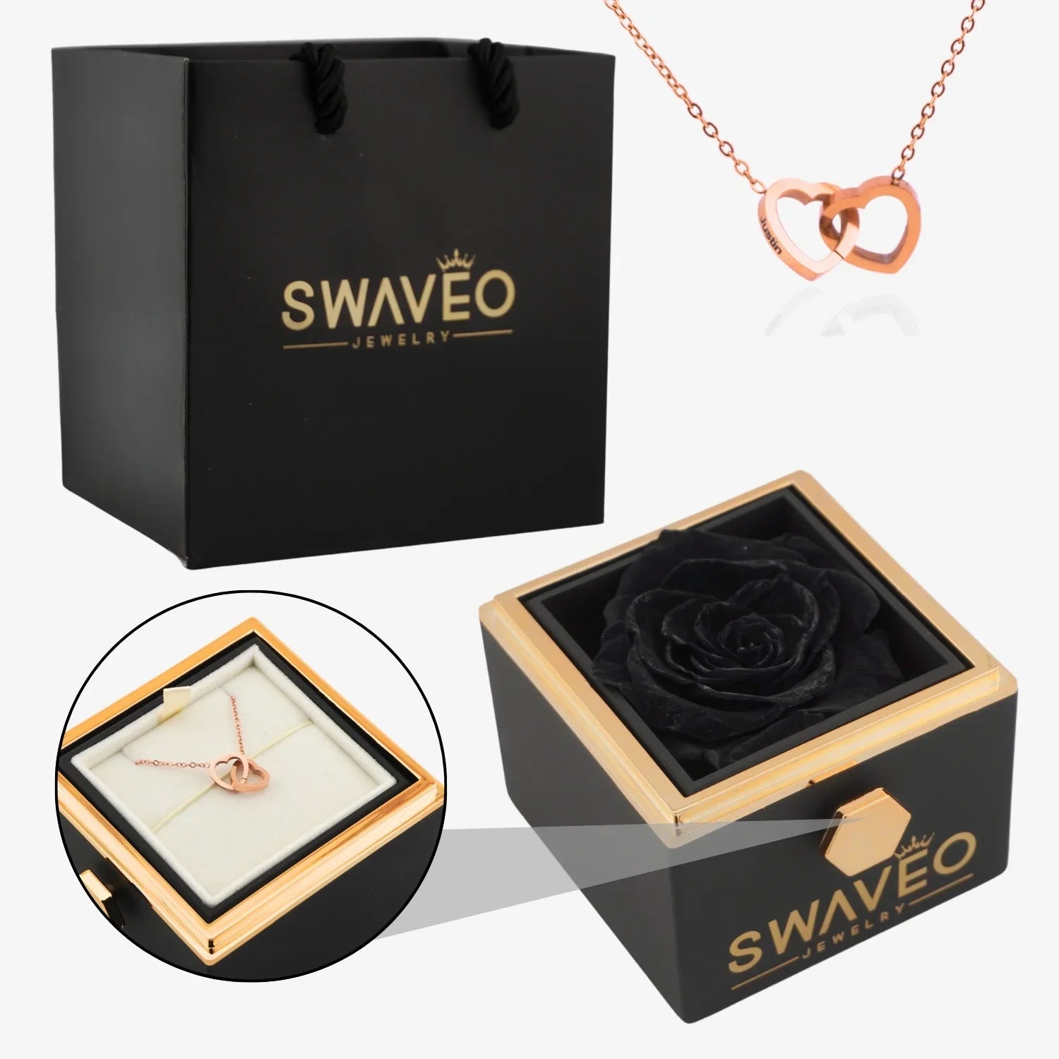 Rotating Forever Rose Box - W/ Engraved Necklace - Swaveo Jewelry