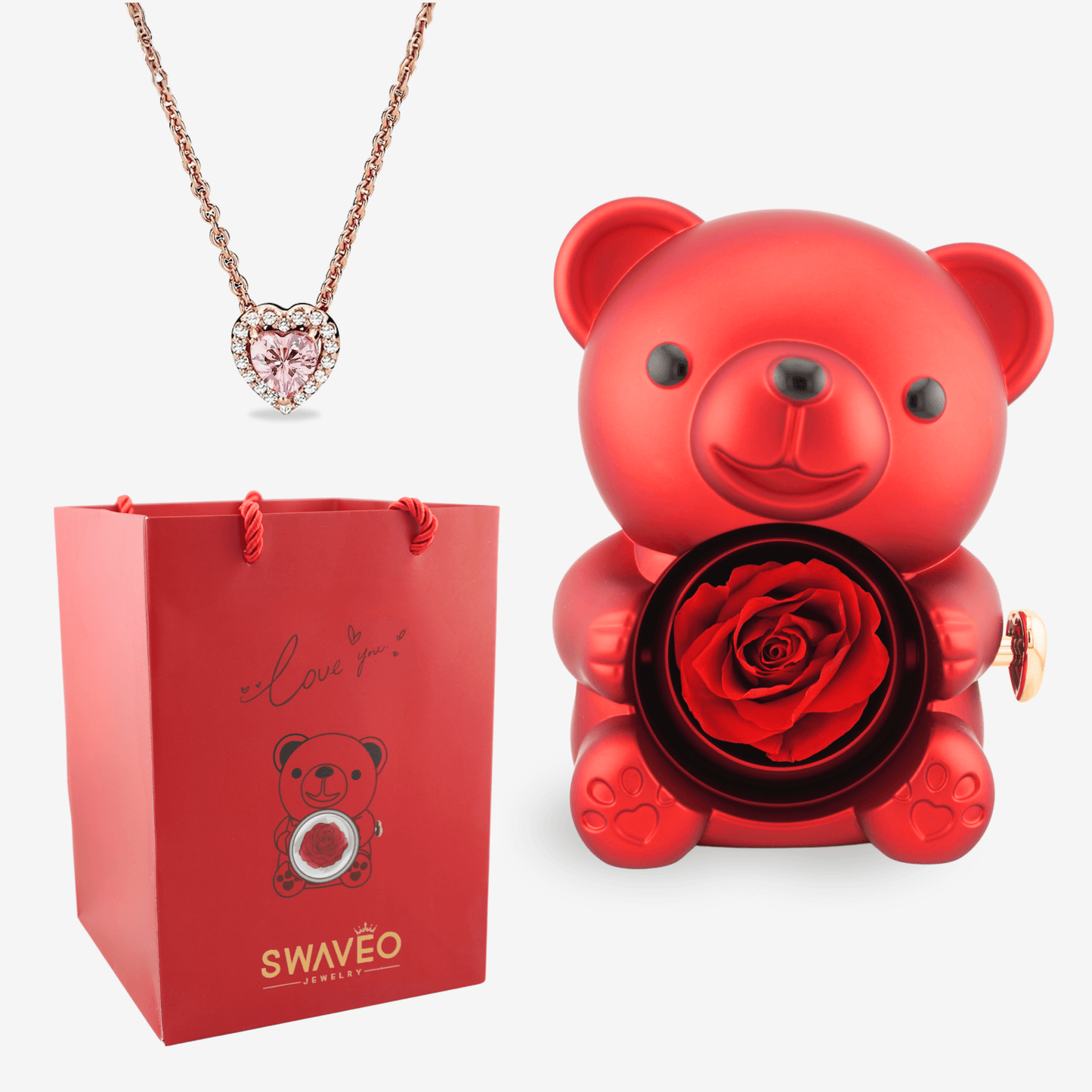 Forever Rose Bear W/ Eternal Heart Necklace - Swaveo Jewelry