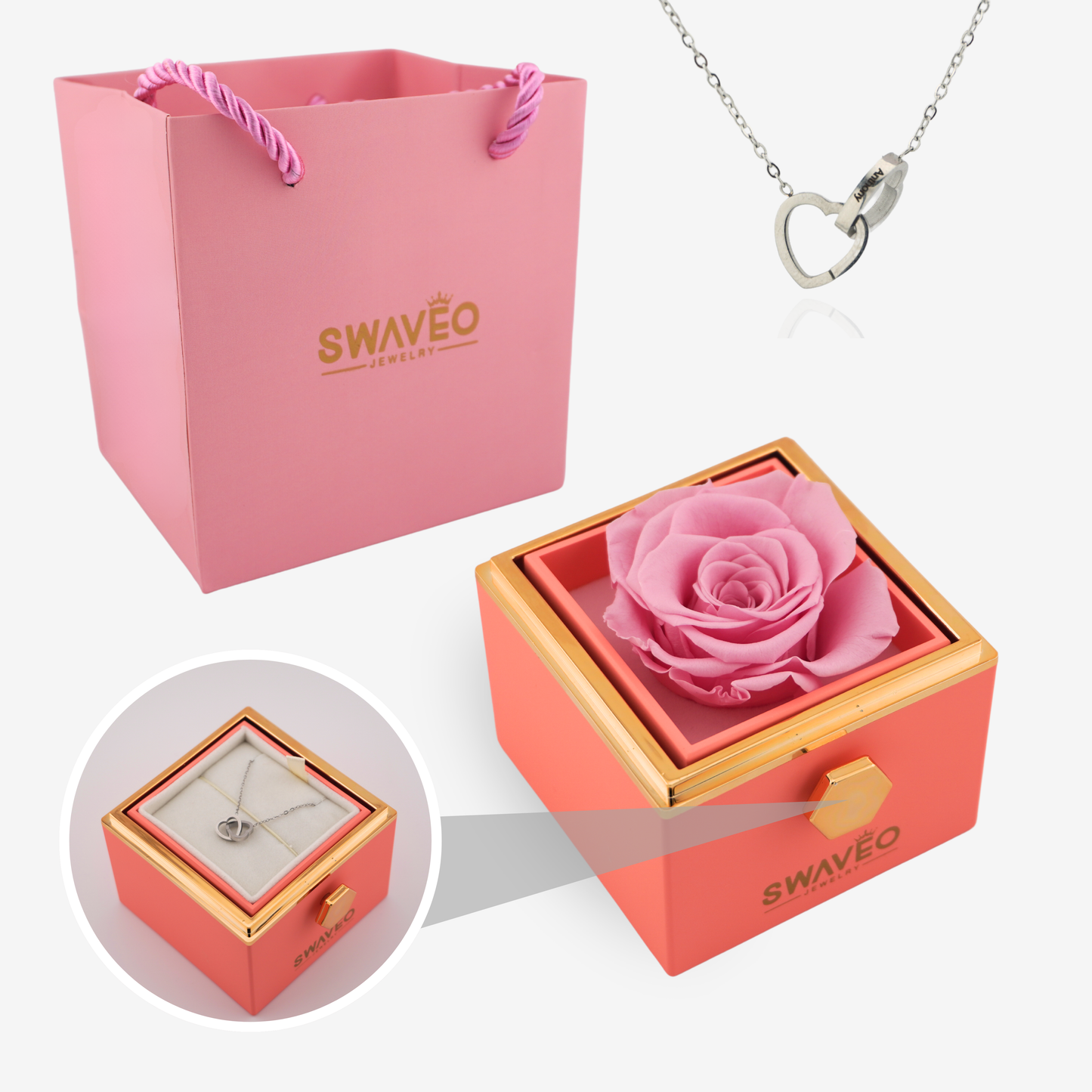 Forever Rose Box - W/ Engraved Heart Necklace - Swaveo Jewelry