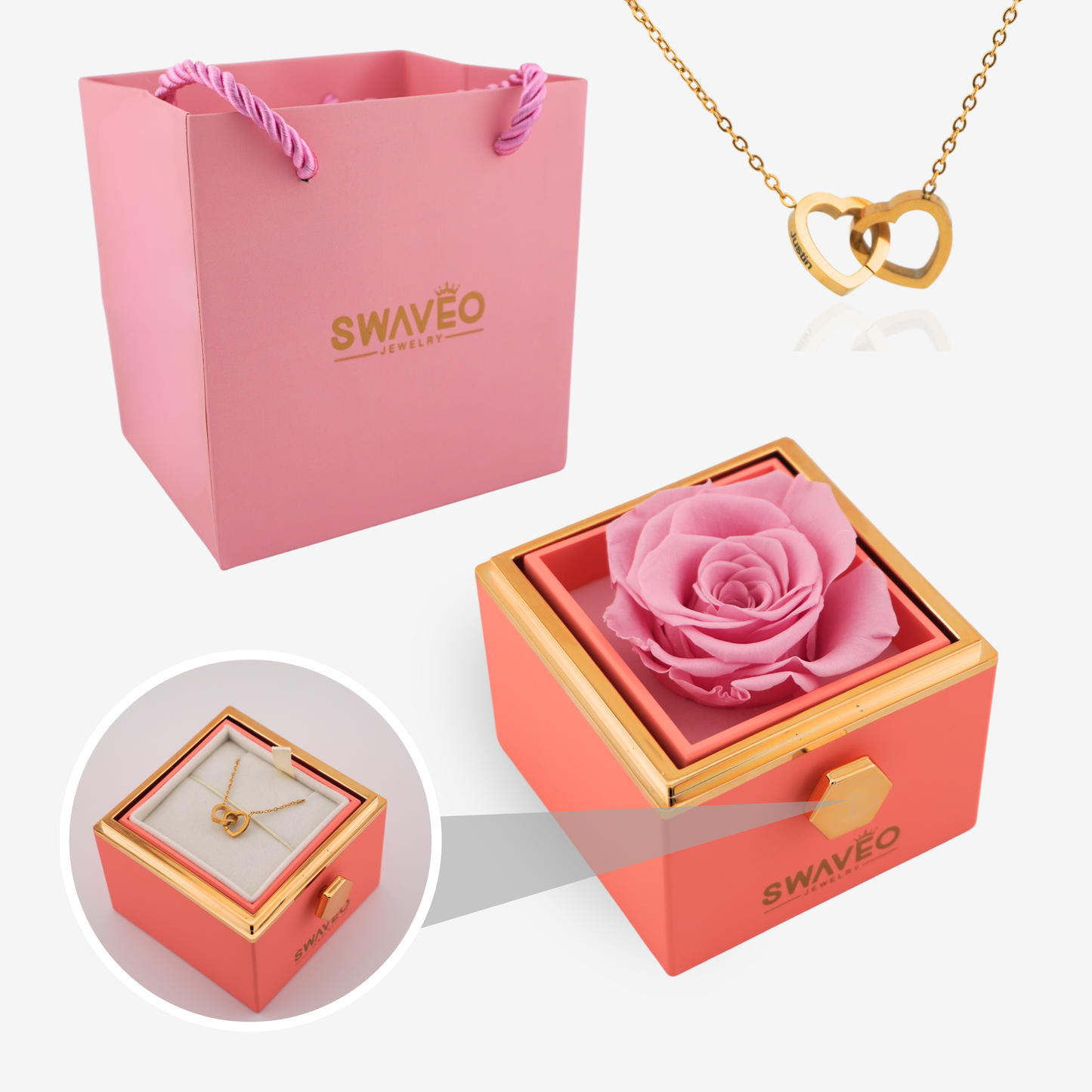 Forever Rose Box - W/ Engraved Heart Necklace - Swaveo Jewelry