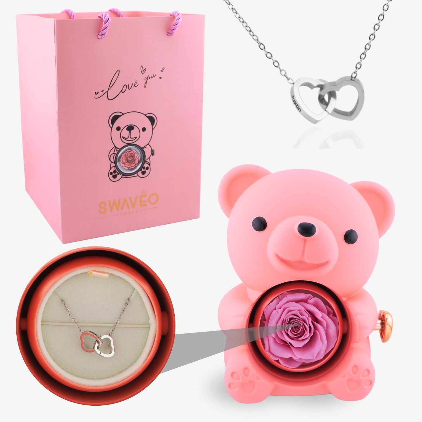 Forever Rose Bear W/ Engraved Necklace