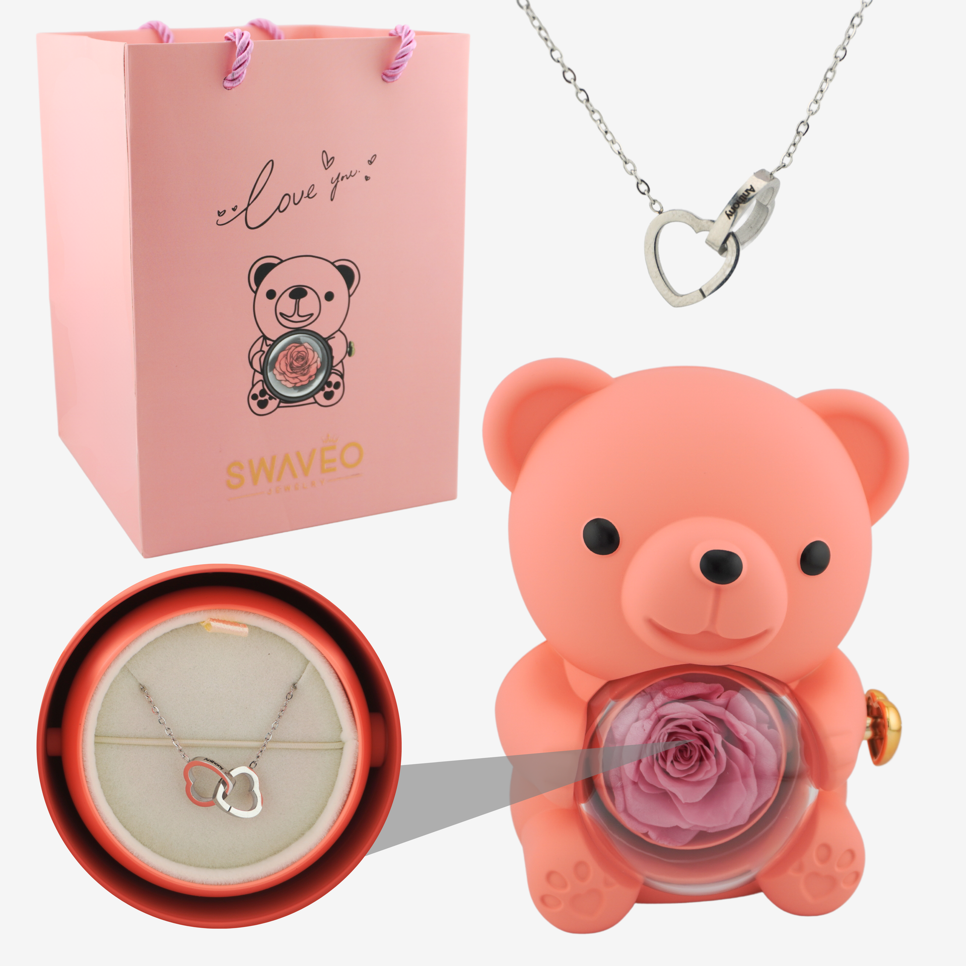 Rose Bear W/ Forever Rose & Heart Necklace - Swaveo Jewelry