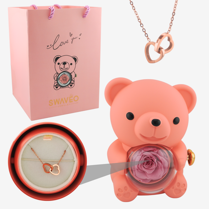 Rose Bear W/ Forever Rose & Heart Necklace - Swaveo Jewelry