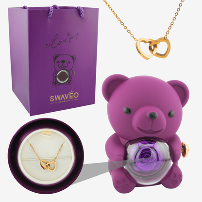 Rose Bear W/ Forever Rose & Heart Necklace - Swaveo Jewelry