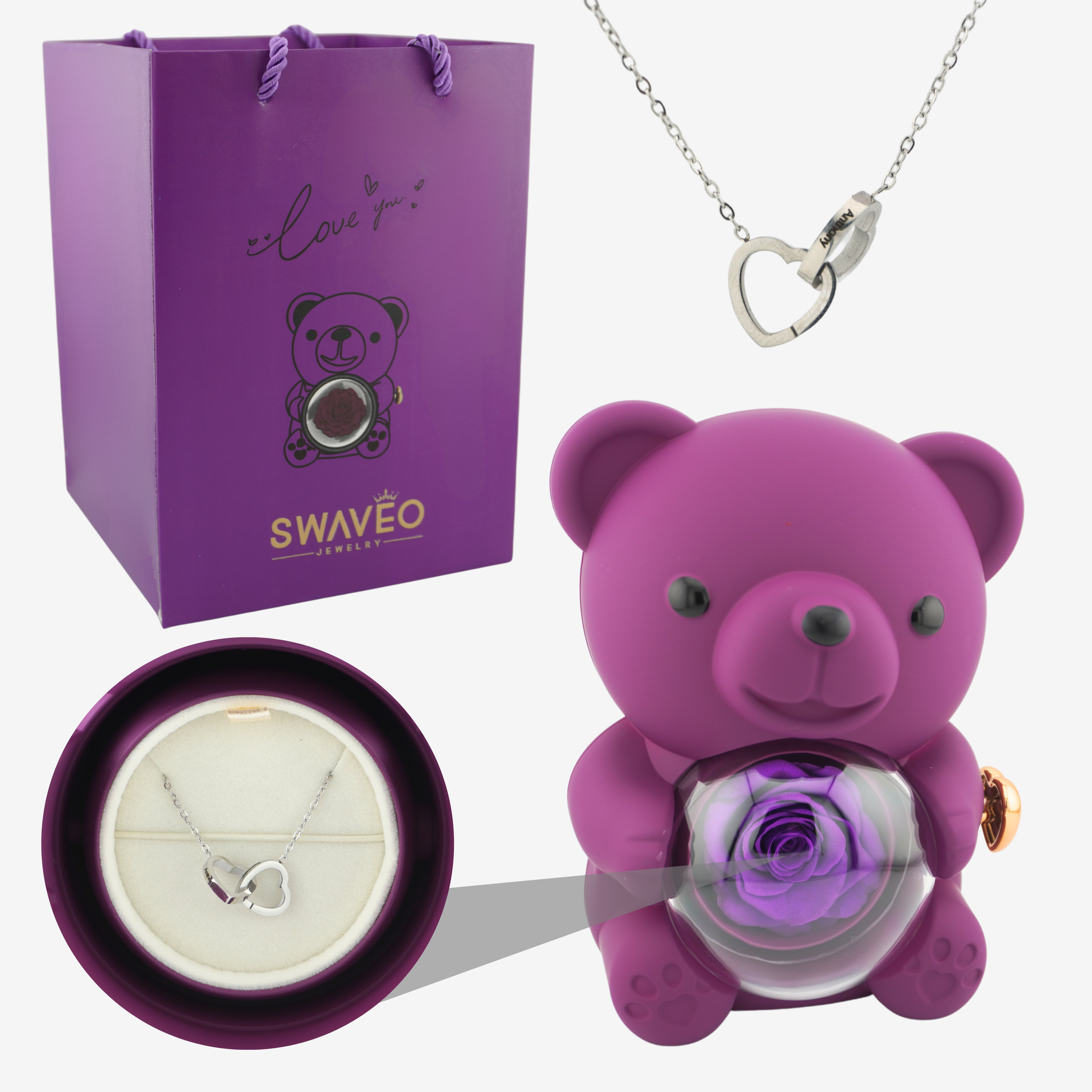 Rose Bear W/ Forever Rose & Heart Necklace - Swaveo Jewelry