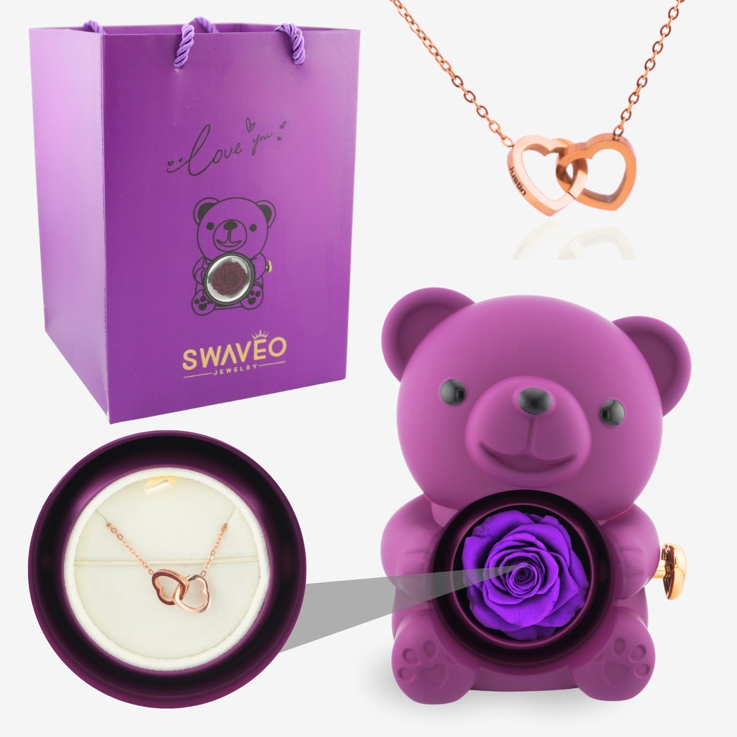 Forever Rose Bear W/ Engraved Necklace